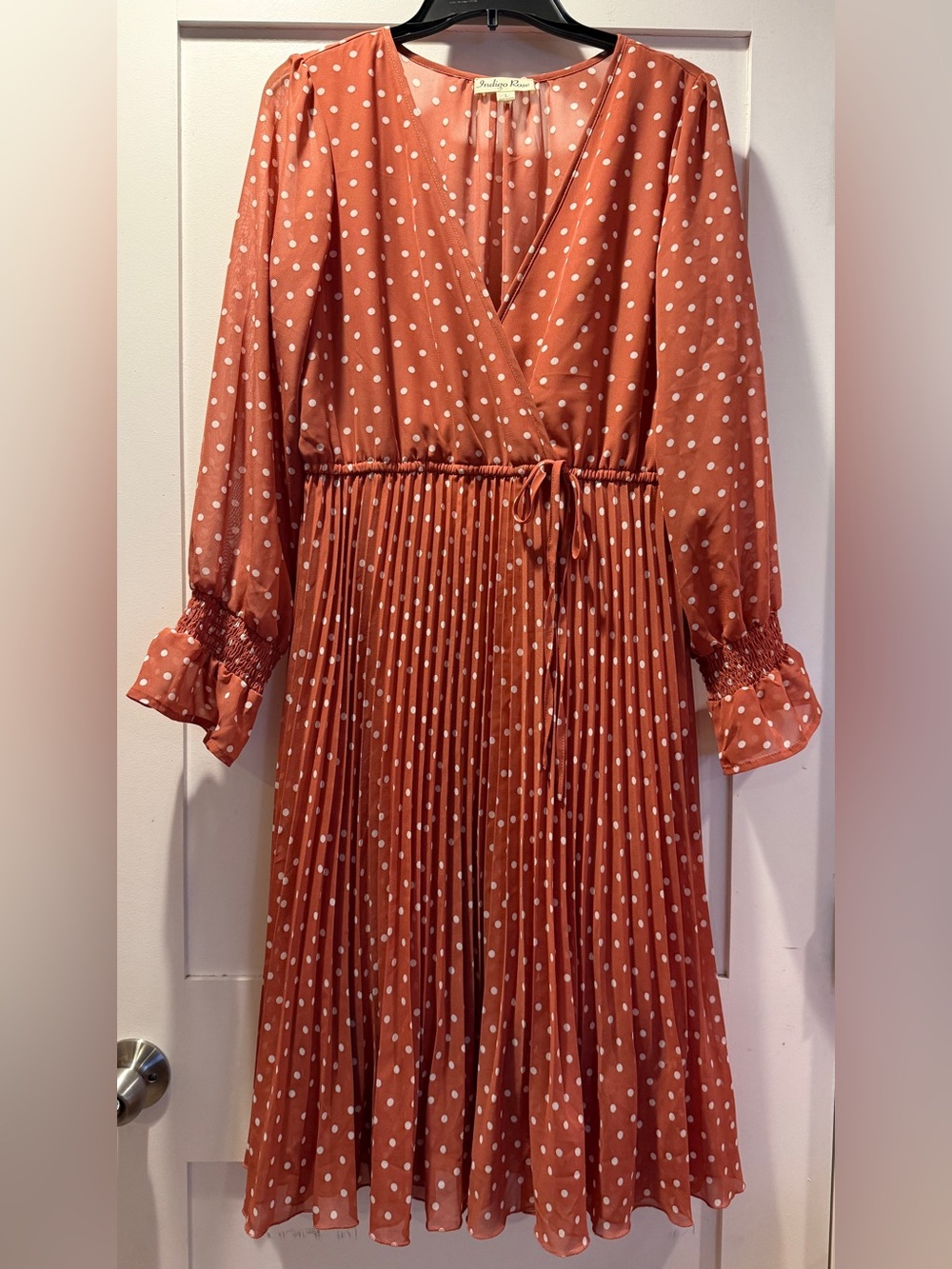 Polka Dot Wrap Midi Dress with Tie Waist - Rust